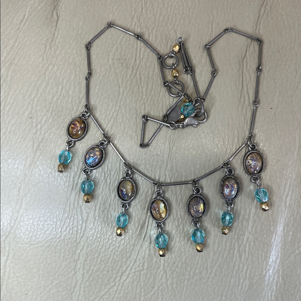 David Aubrey Handmade Beaded Iridescent Oval Drop Charm Necklace Boho - Picture 7 of 7